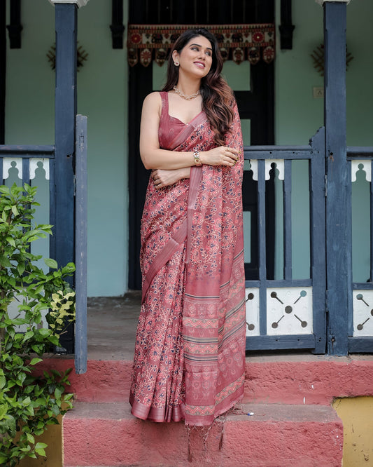 Luxury Dusty Maroon Floral Printed Linen Saree | Shaadigruh SD1018