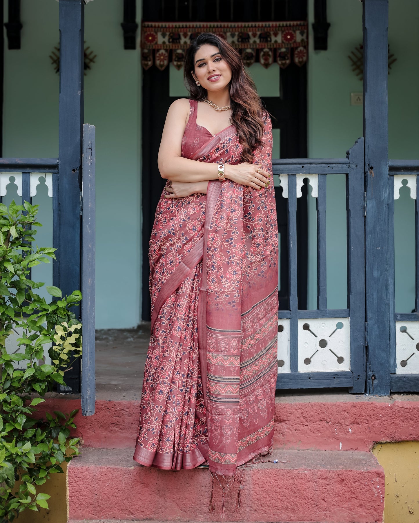 Luxury Dusty Maroon Floral Printed Linen Saree | Shaadigruh SD1018