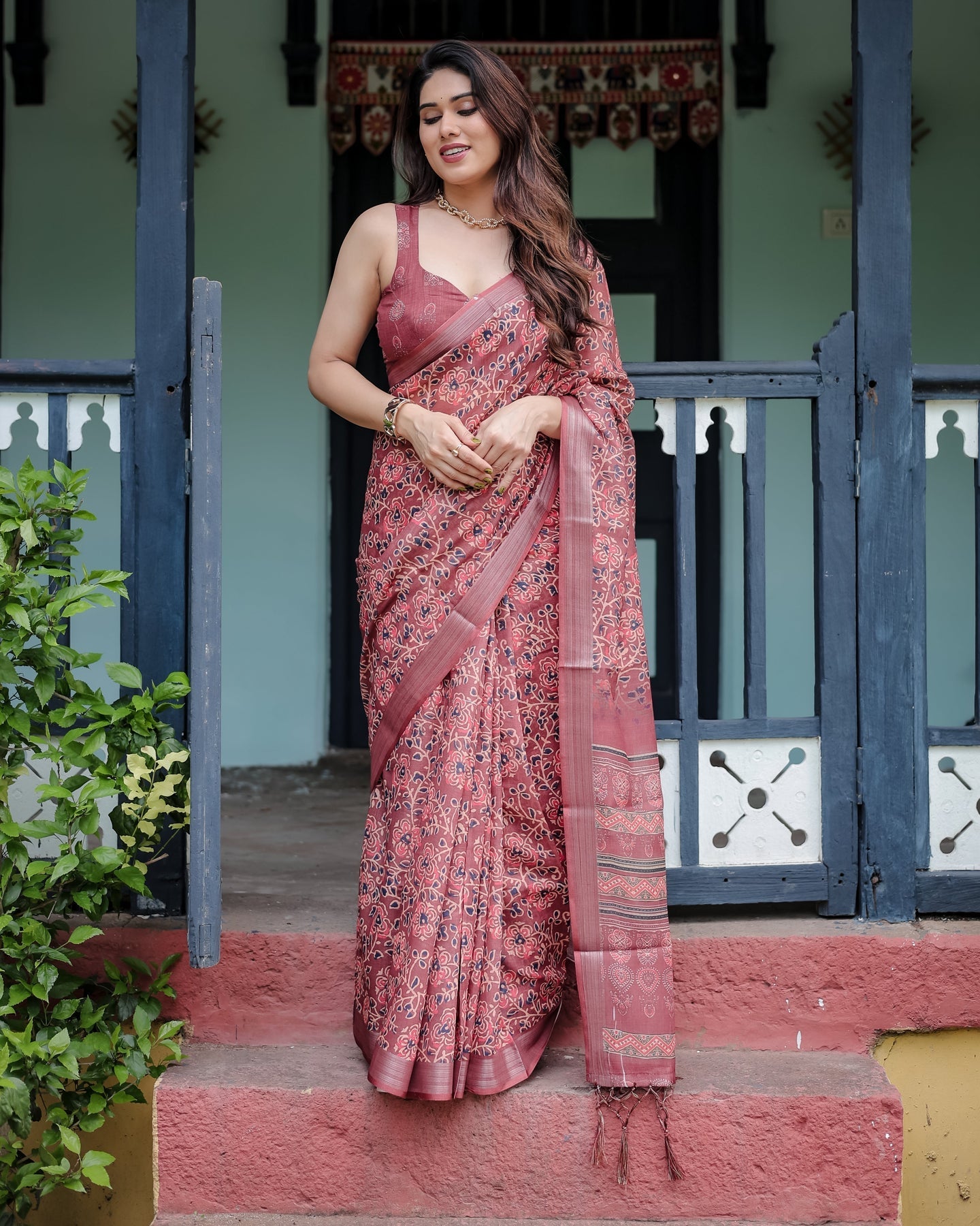 Luxury Dusty Maroon Floral Printed Linen Saree | Shaadigruh SD1018