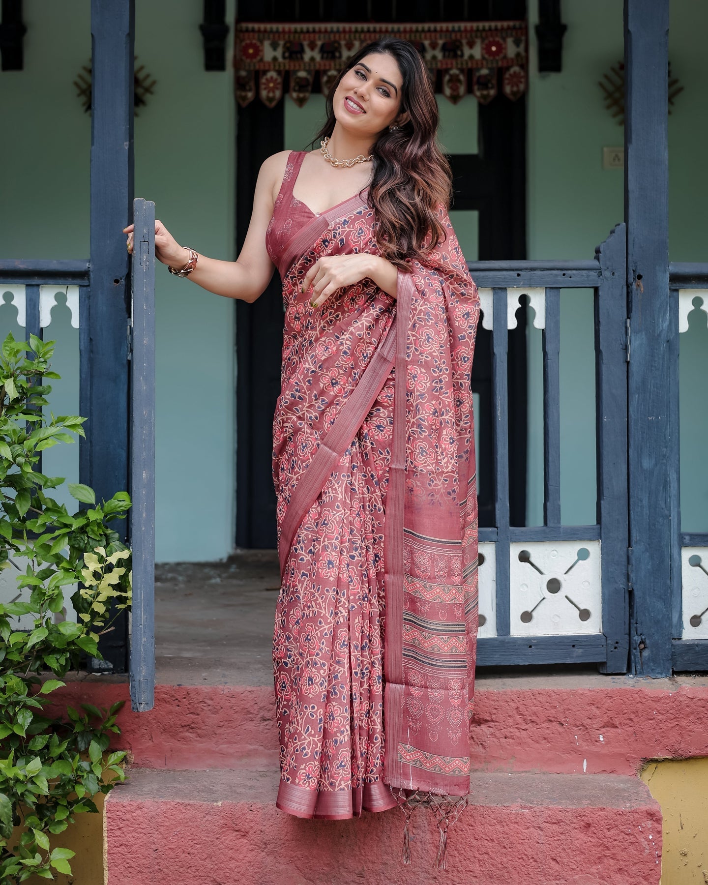 Luxury Dusty Maroon Floral Printed Linen Saree | Shaadigruh SD1018