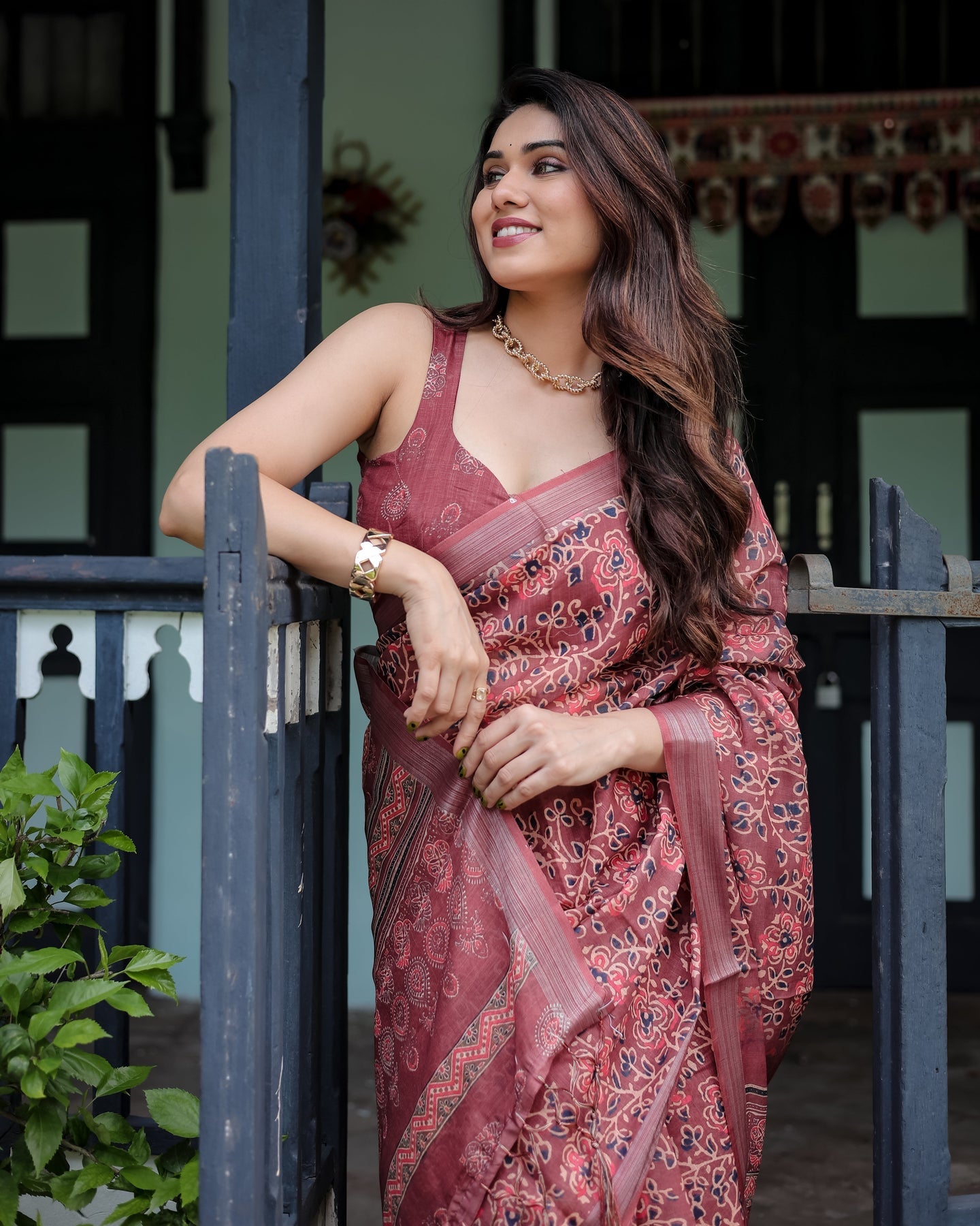 Luxury Dusty Maroon Floral Printed Linen Saree | Shaadigruh SD1018