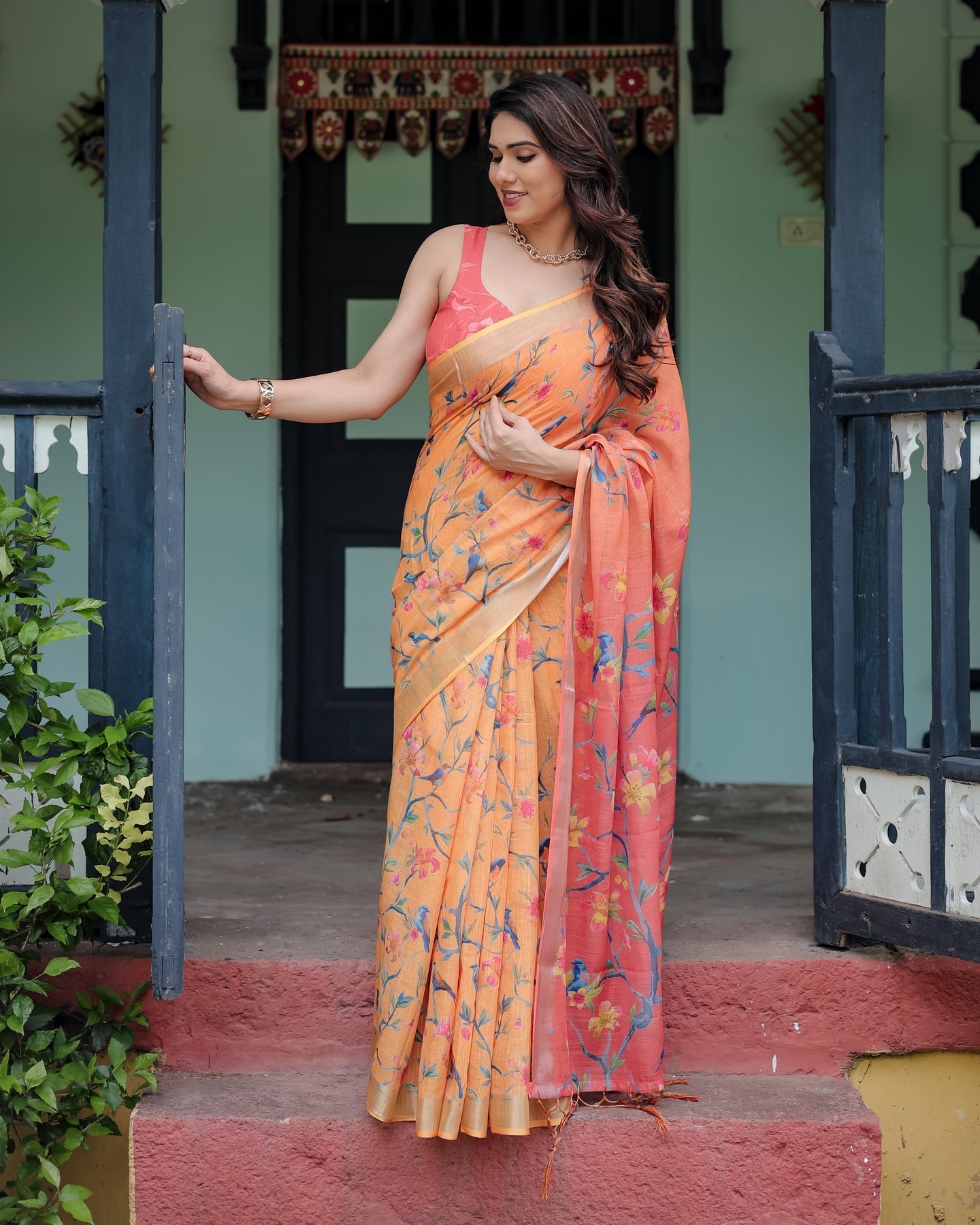 Luxury Peach Orange Floral Linen Saree | Shaadigruh SD1005