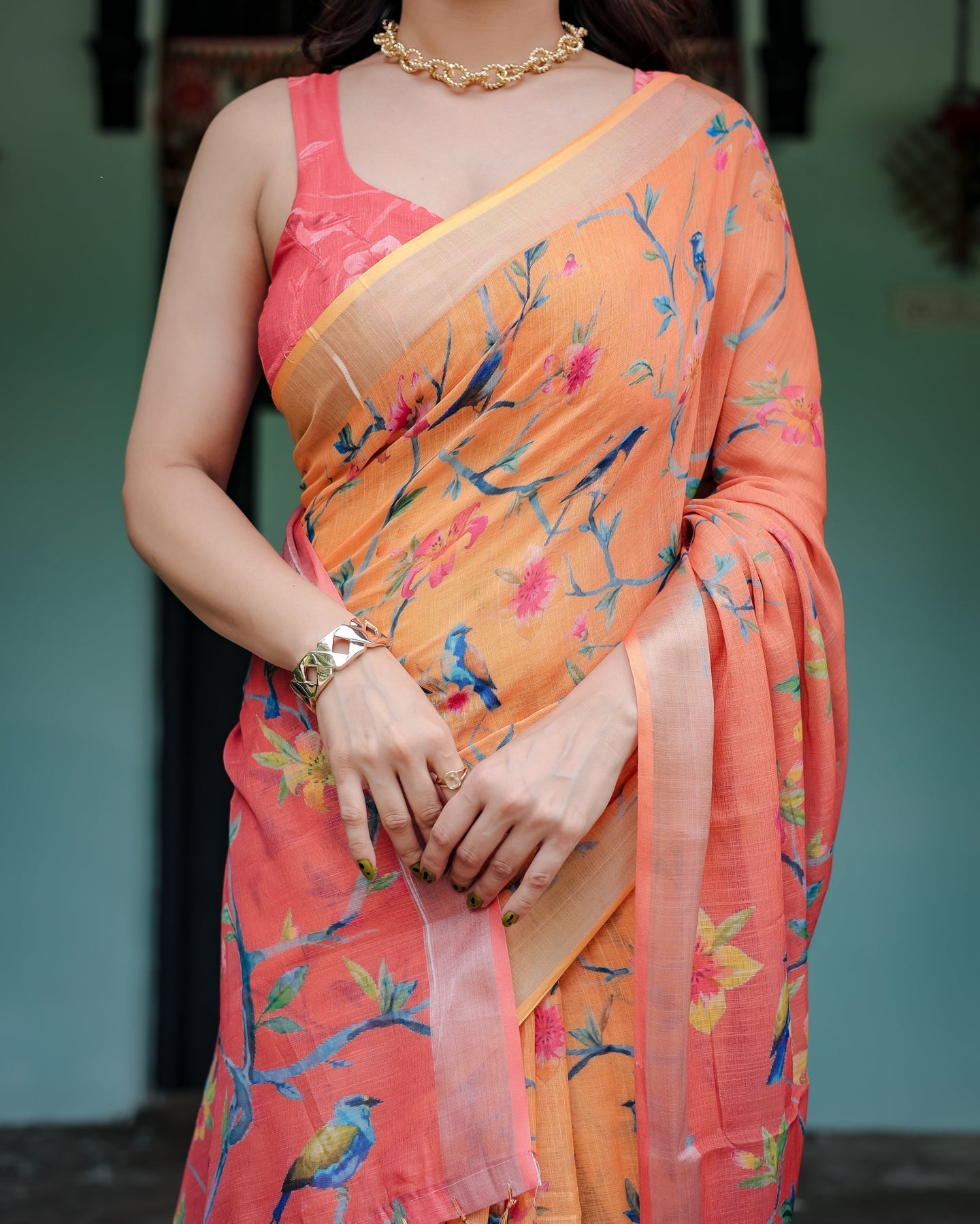 Luxury Peach Orange Floral Linen Saree | Shaadigruh SD1005