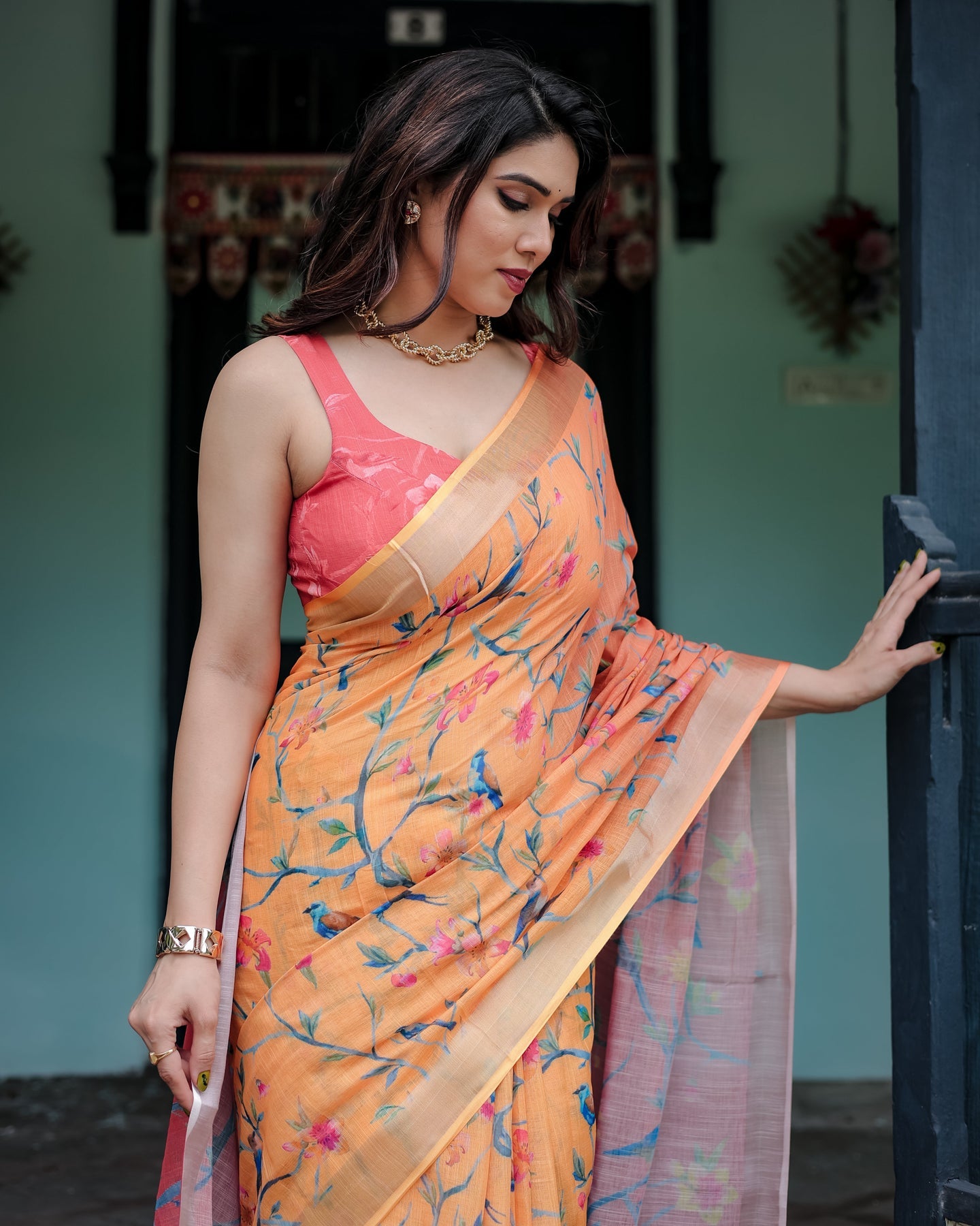 Luxury Peach Orange Floral Linen Saree | Shaadigruh SD1005