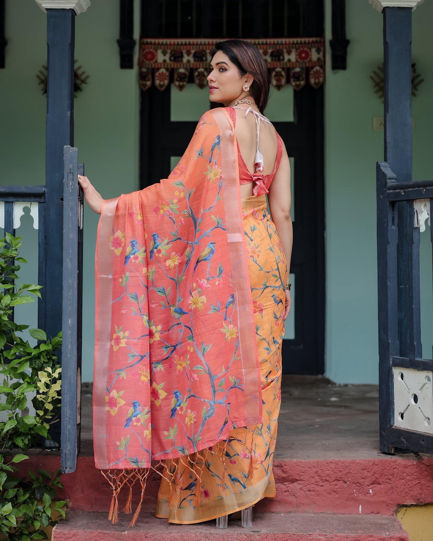 Luxury Peach Orange Floral Linen Saree | Shaadigruh SD1005