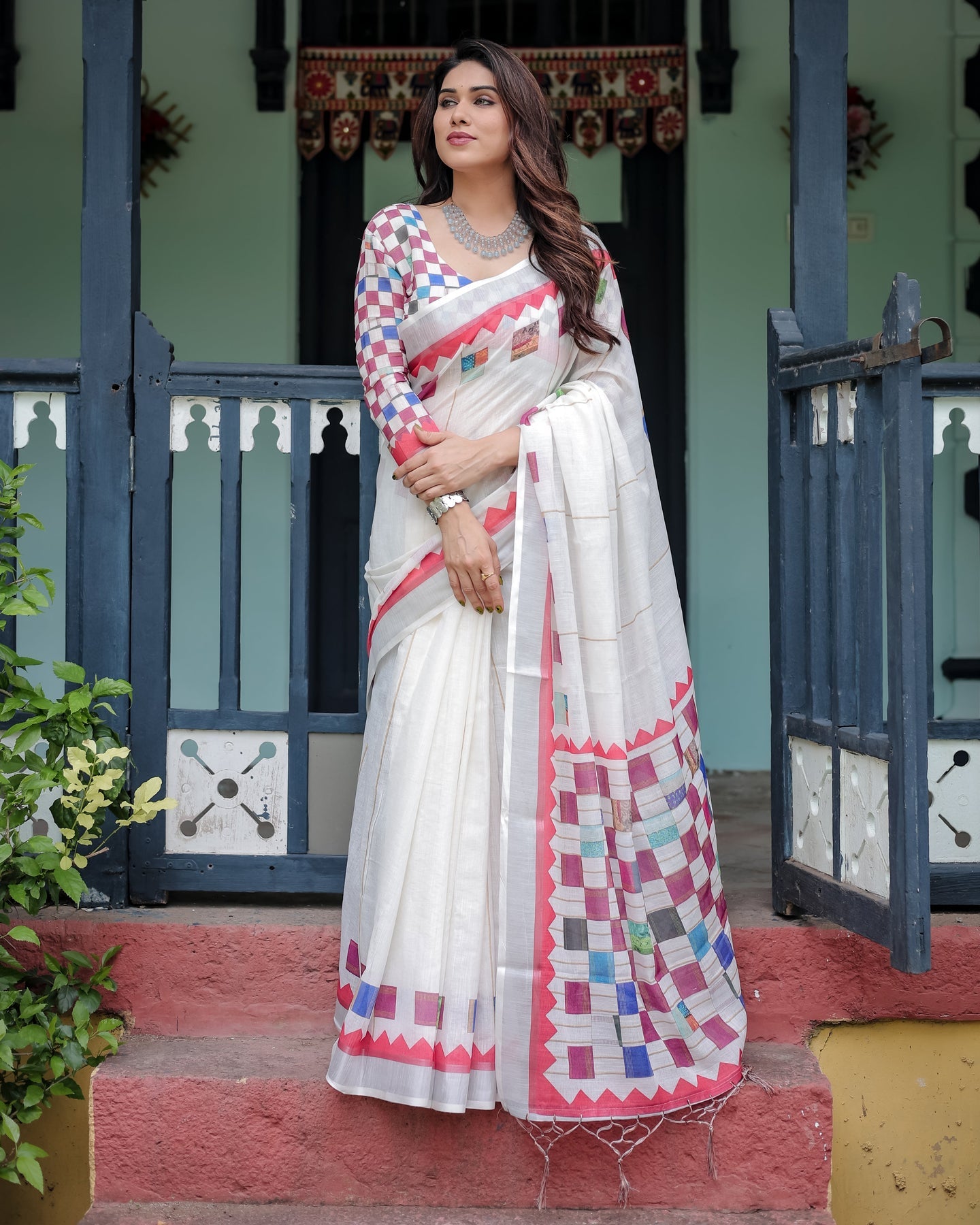 Luxury Ivory Multicolor Geometric Linen Saree | Shaadigruh SD1014