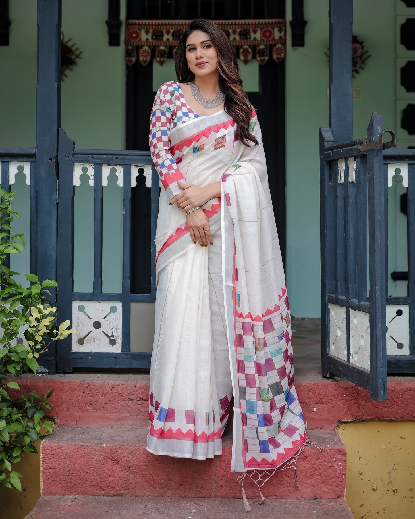 Luxury Ivory Multicolor Geometric Linen Saree | Shaadigruh SD1014