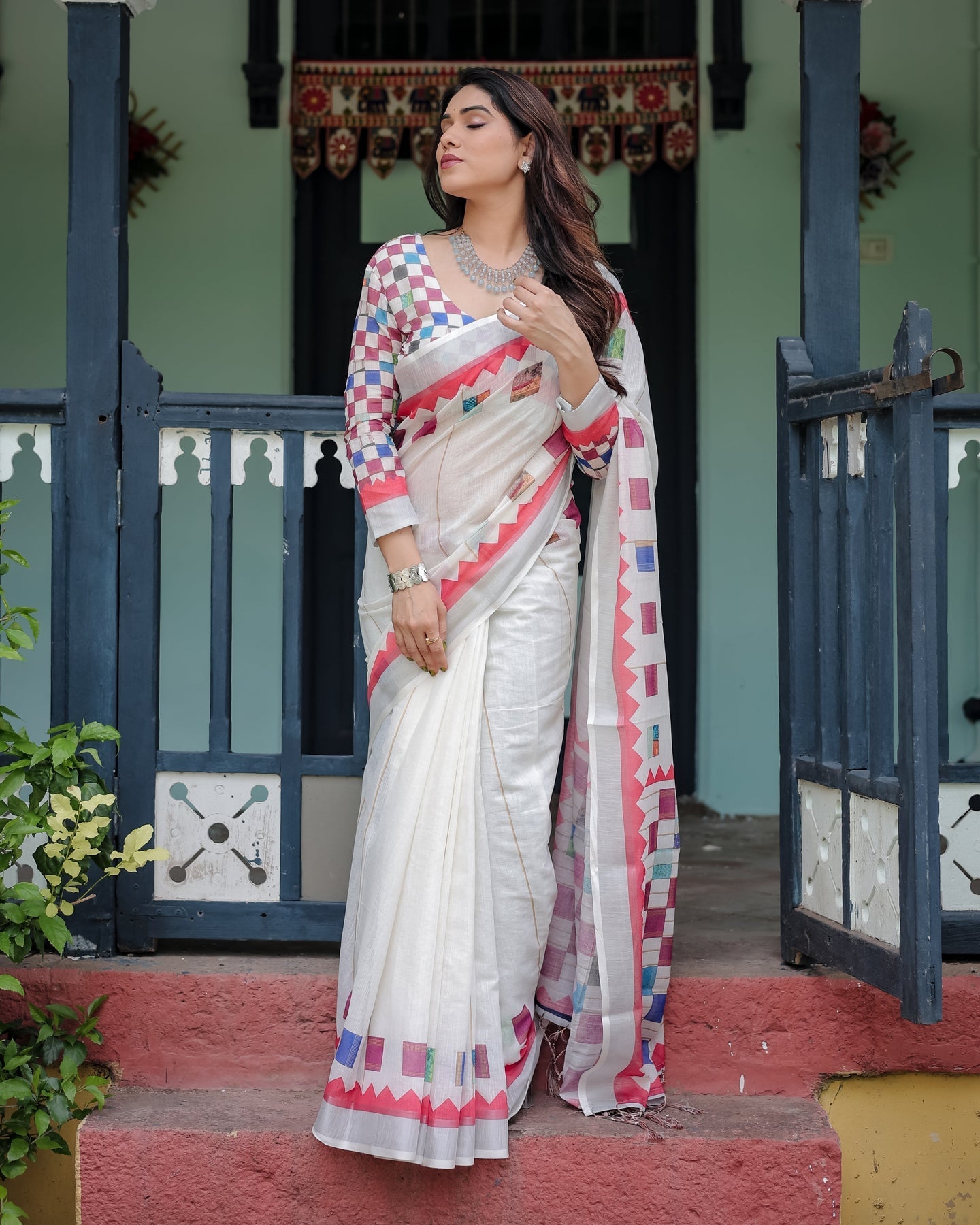 Luxury Ivory Multicolor Geometric Linen Saree | Shaadigruh SD1014
