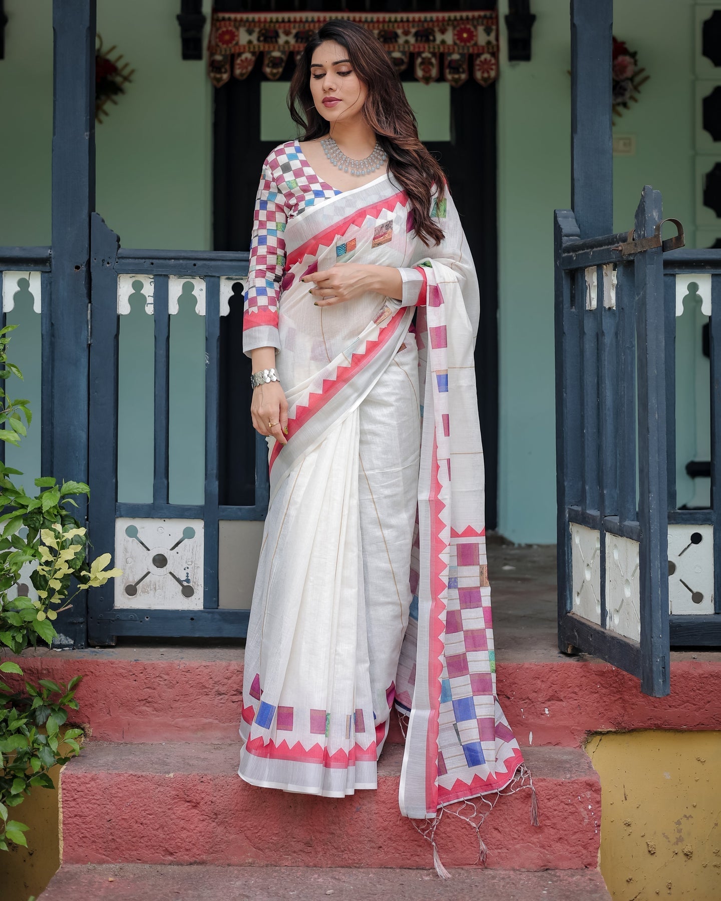 Luxury Ivory Multicolor Geometric Linen Saree | Shaadigruh SD1014