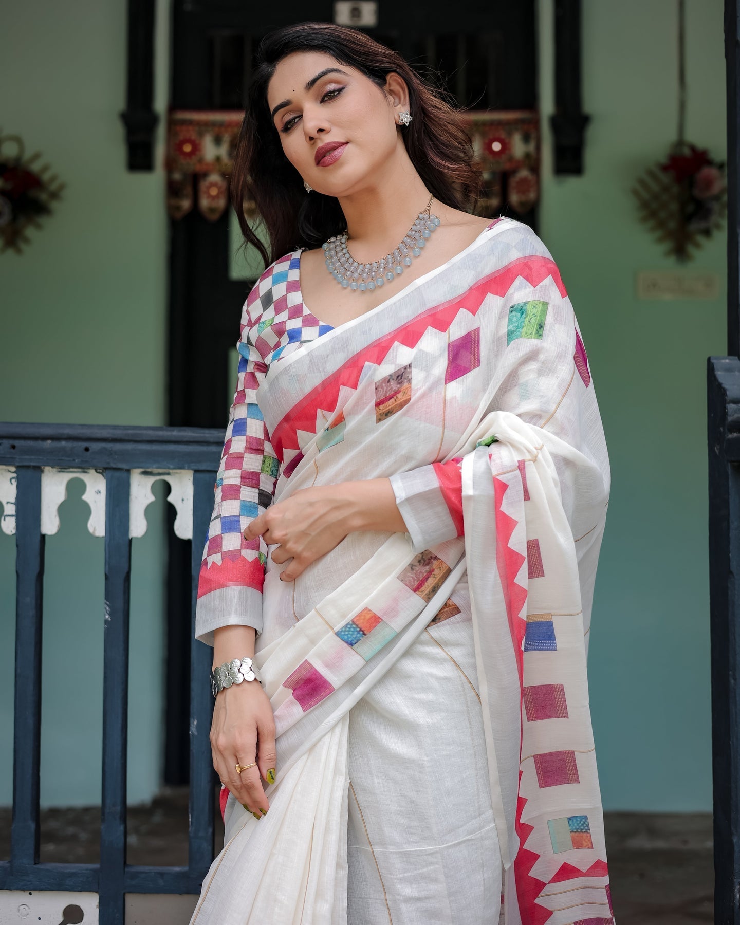 Luxury Ivory Multicolor Geometric Linen Saree | Shaadigruh SD1014