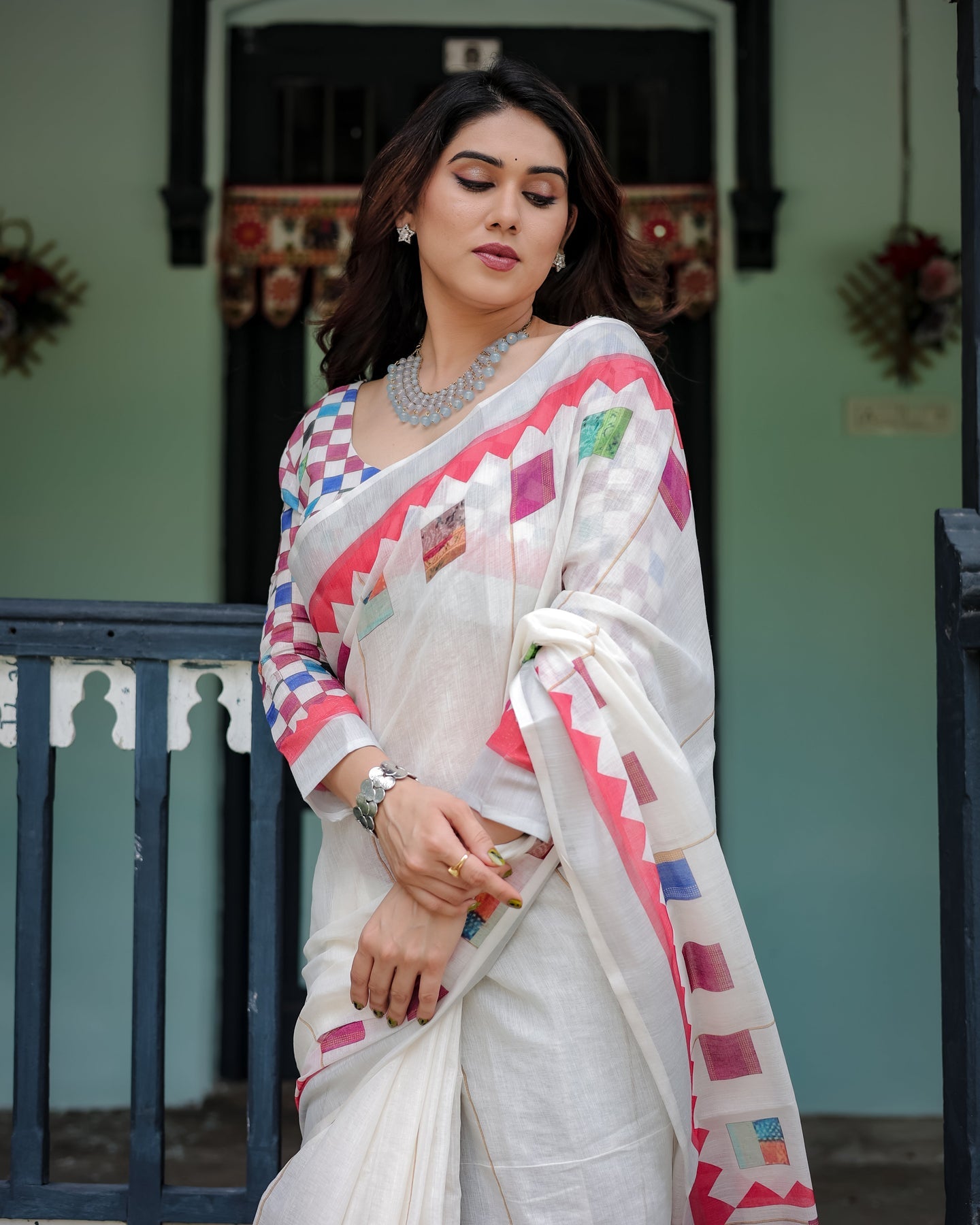 Luxury Ivory Multicolor Geometric Linen Saree | Shaadigruh SD1014