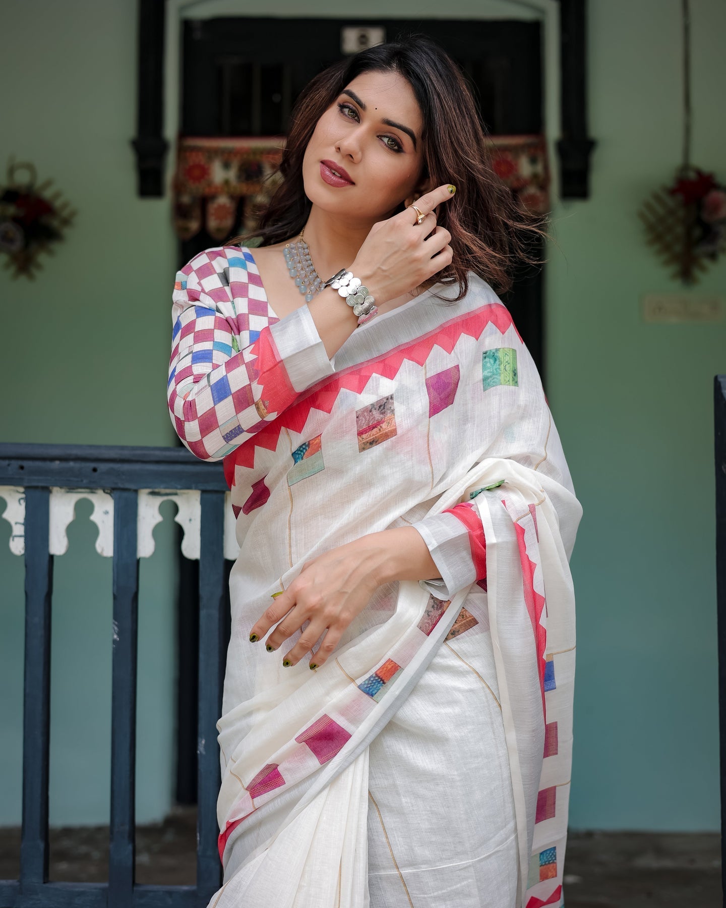 Luxury Ivory Multicolor Geometric Linen Saree | Shaadigruh SD1014