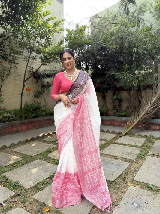 White & Blush Pink Linen Saree | Shaadigruh SD1043