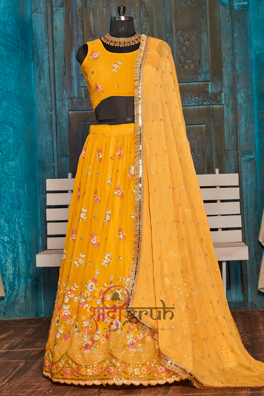 Mustard Yellow Floral Embroidered Lehenga Choli with Net Dupatta – Luxury Festive & Wedding Wear
