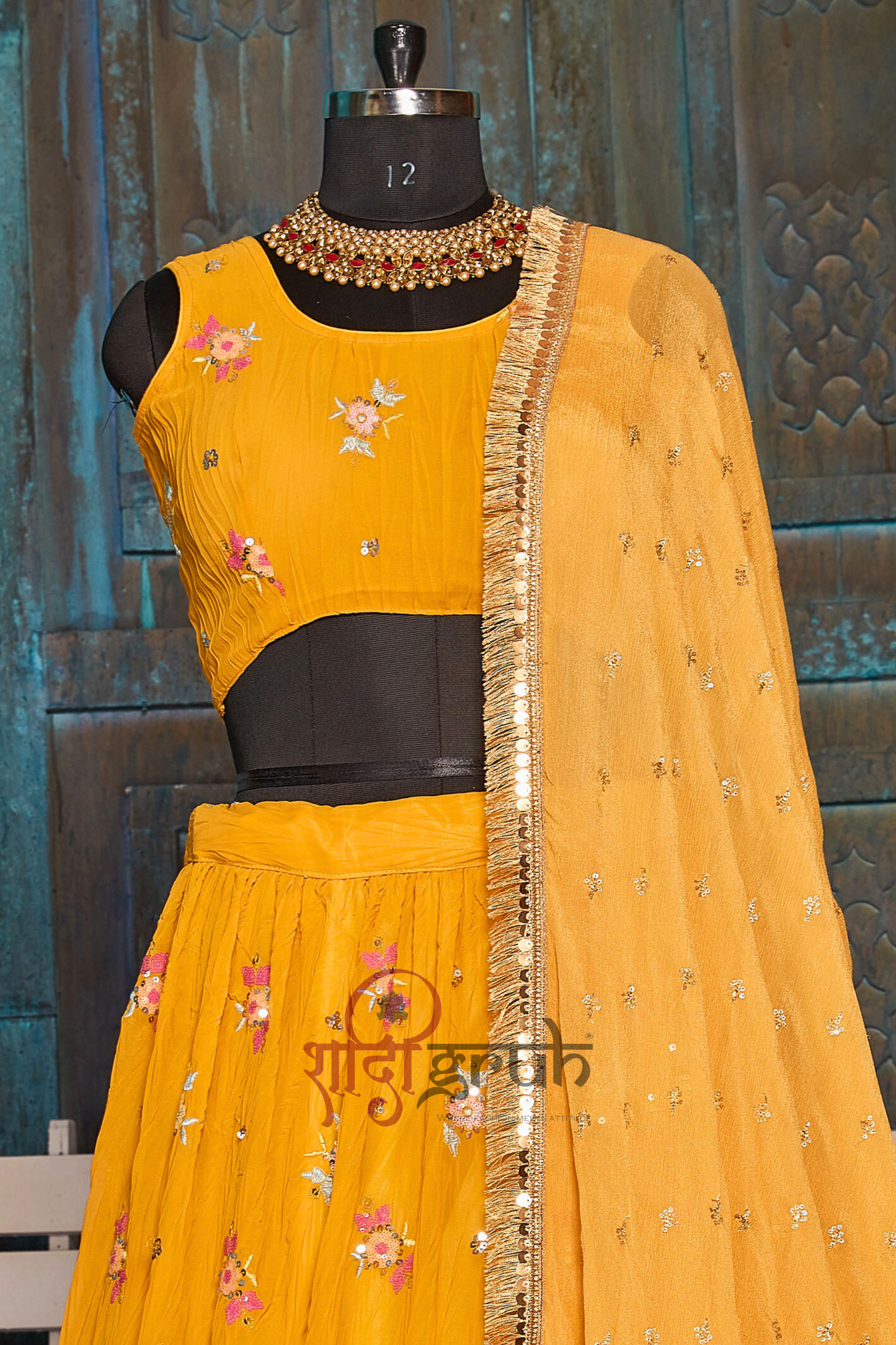 Mustard Yellow Floral Embroidered Lehenga Choli with Net Dupatta – Luxury Festive & Wedding Wear