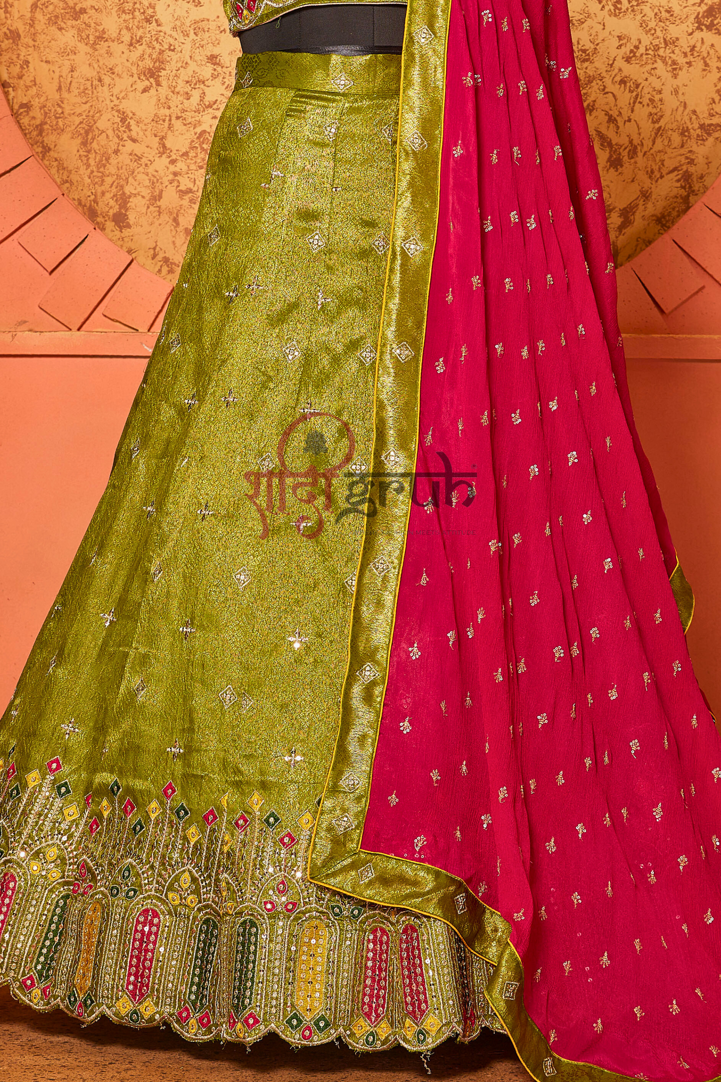 Olive Green Embroidered Lehenga Choli with Rani Pink Dupatta – Luxury Wedding & Festive Wear