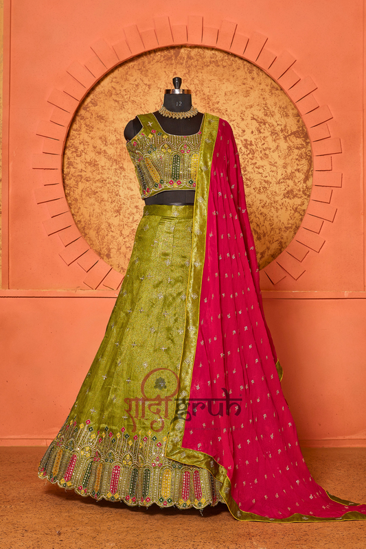 Olive Green Embroidered Lehenga Choli with Rani Pink Dupatta – Luxury Wedding & Festive Wear