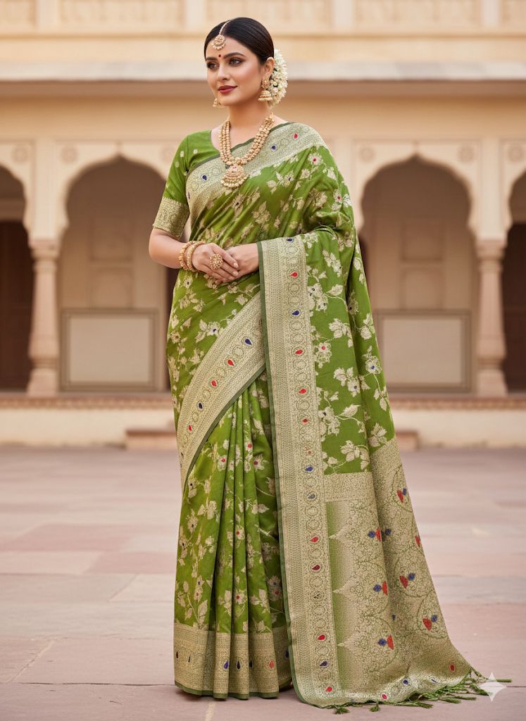 Flower and Mina zari weaving Banarasi Sarees