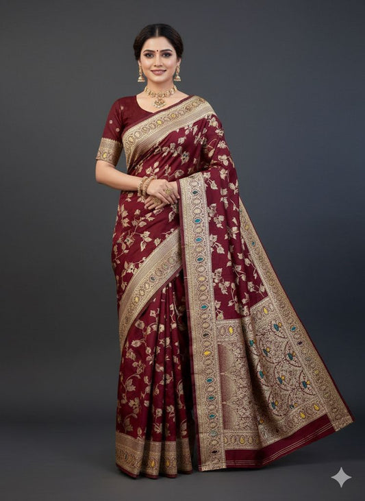Flower and Mina zari weaving Banarasi Sarees