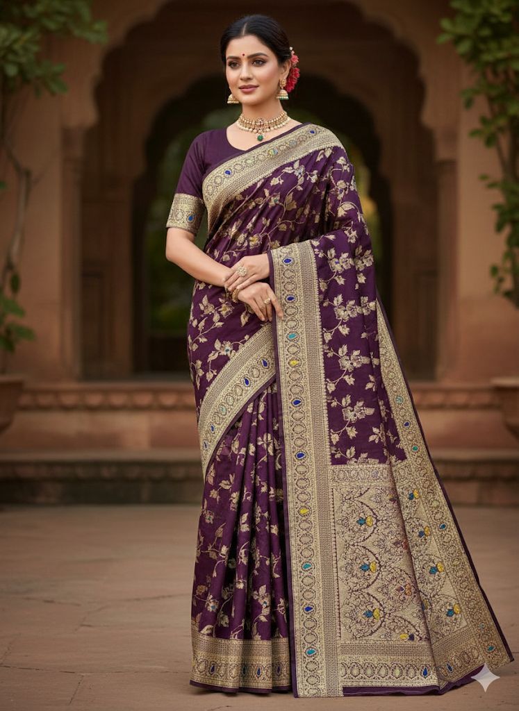 Flower and Mina zari weaving Banarasi Sarees