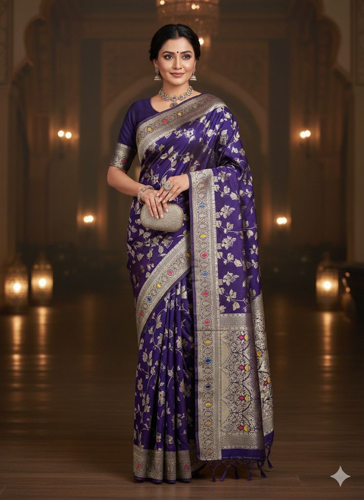 Flower and Mina zari weaving Banarasi Sarees