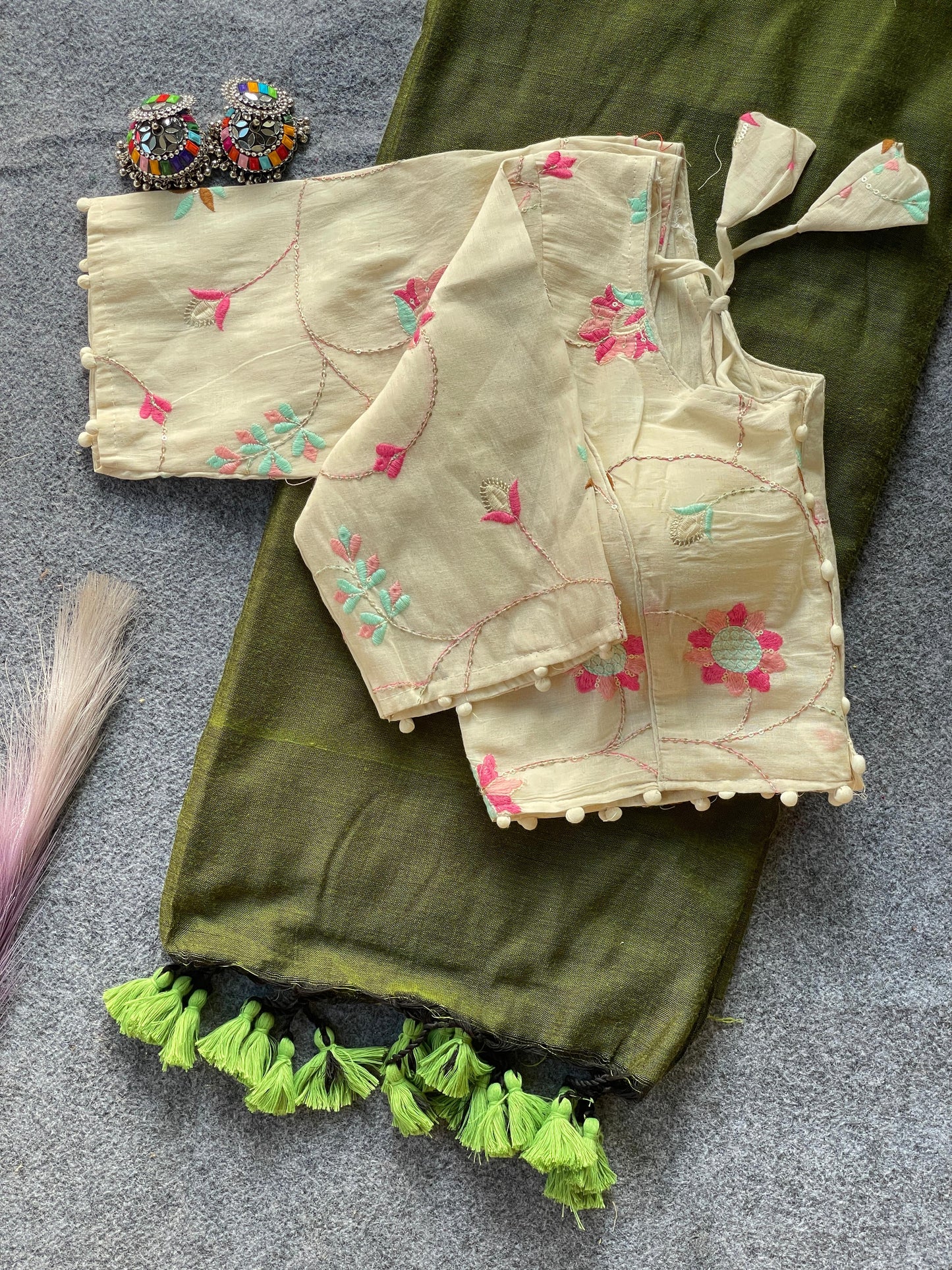 Pure Khadi Cotton Mahendi Saree With Designer Blouse