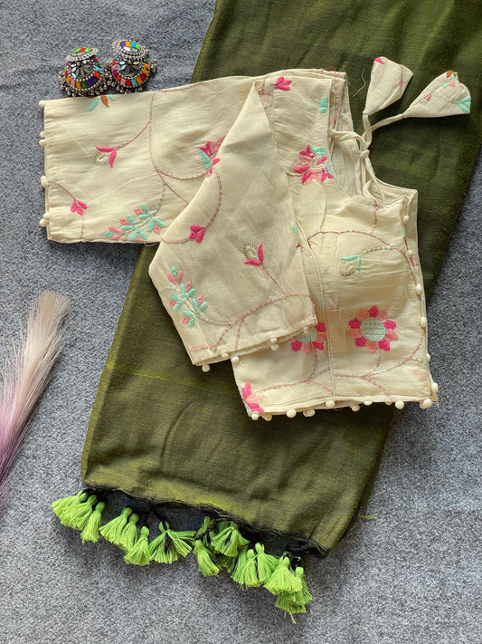 Pure Khadi Cotton Mahendi Saree With Designer Blouse