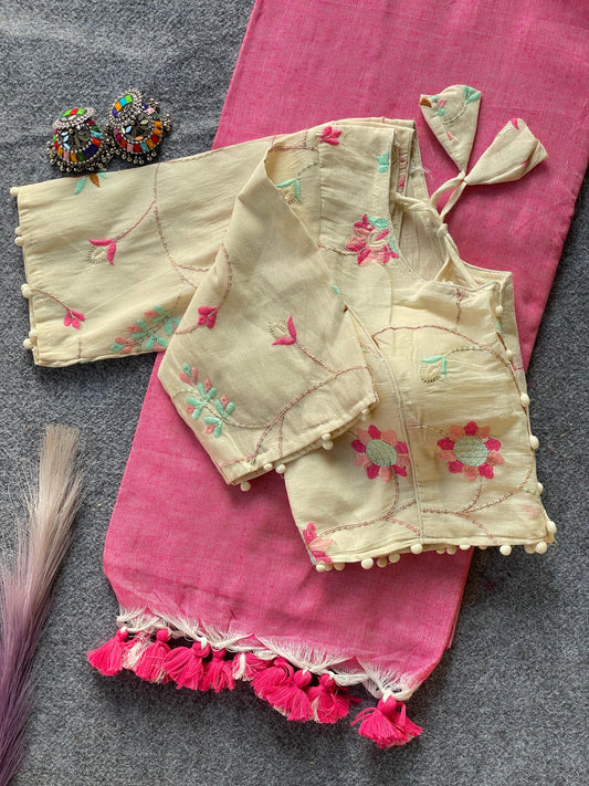 Pure Khadi Cotton Pink Saree With Designer Blouse