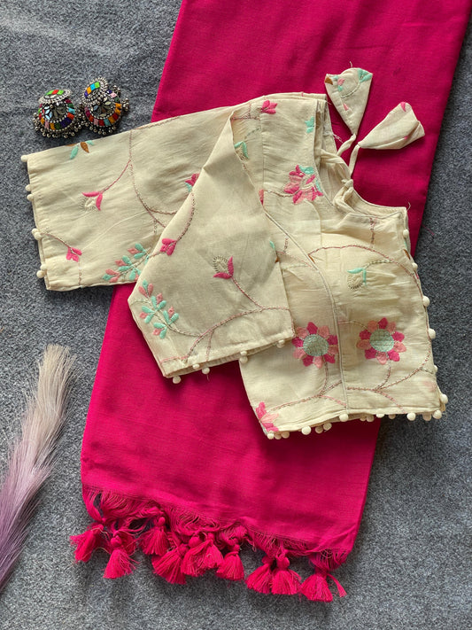 Pure Khadi Cotton Rani Saree With Designer Blouse