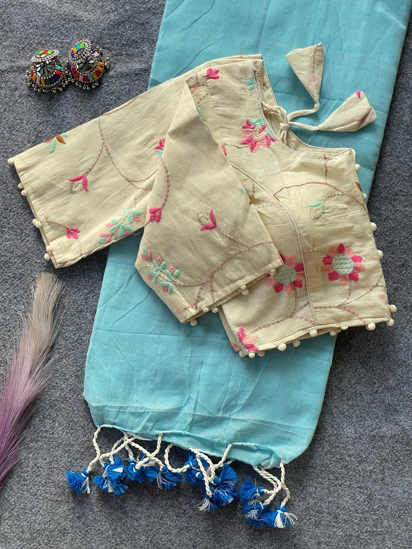 Pure Khadi Cotton Skyblue Saree With Designer Blouse