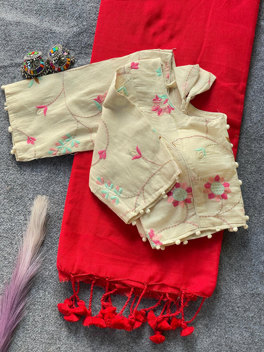 Pure Khadi Cotton Red Saree With Designer Blouse