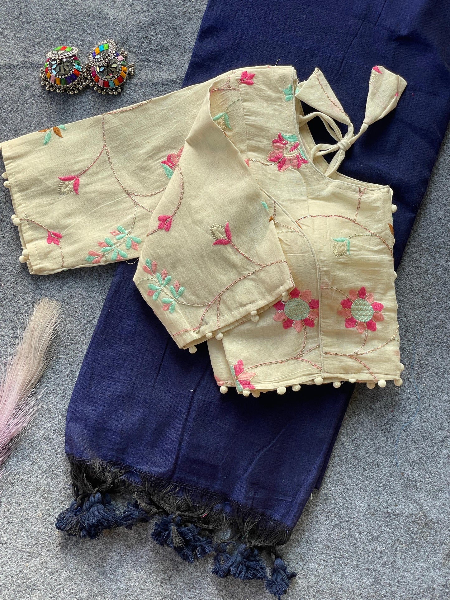 Pure Khadi Cotton Blue Saree With Designer Blouse