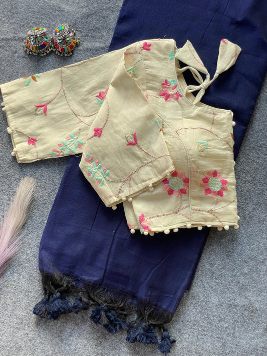 Pure Khadi Cotton Blue Saree With Designer Blouse