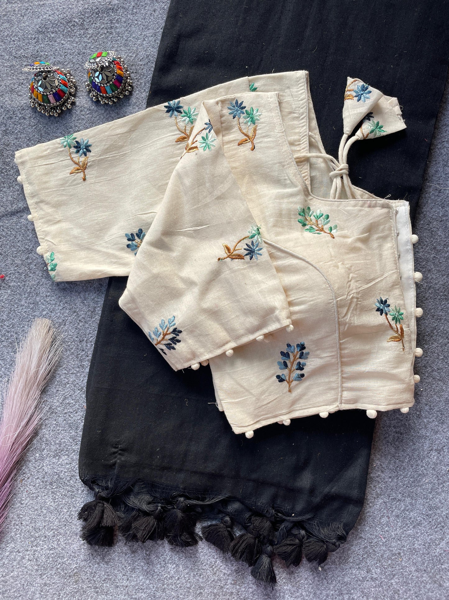 Pure Khadi Cotton Black Saree With Designer Blouse