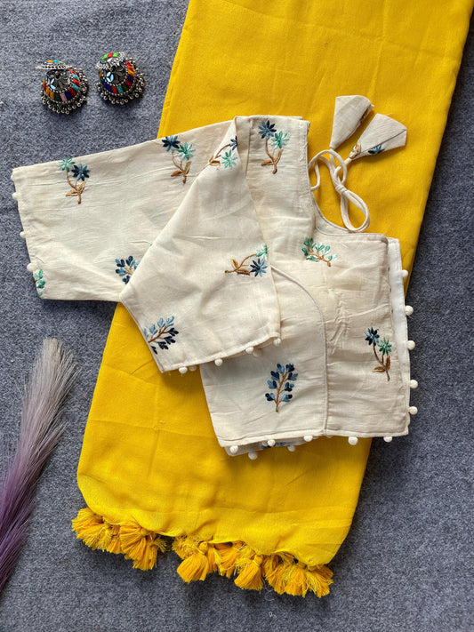 Pure Khadi Cotton Yellow Saree With Designer Blouse