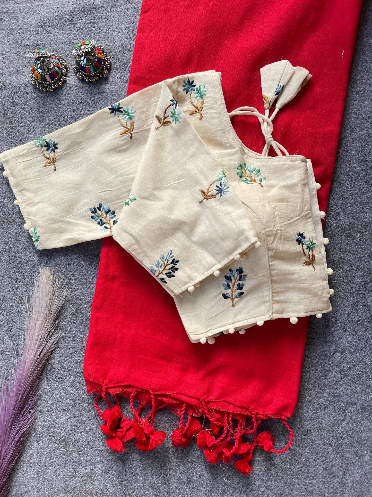 Pure Khadi Cotton Red Saree With Designer Blouse