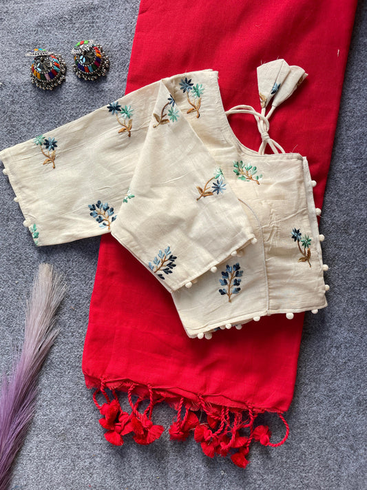 Pure Khadi Cotton Red Saree With Designer Blouse