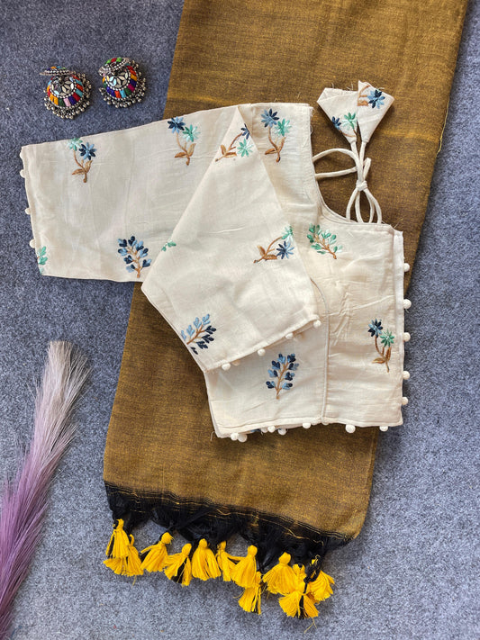 Pure Khadi Cotton Mustard Saree With Designer Blouse