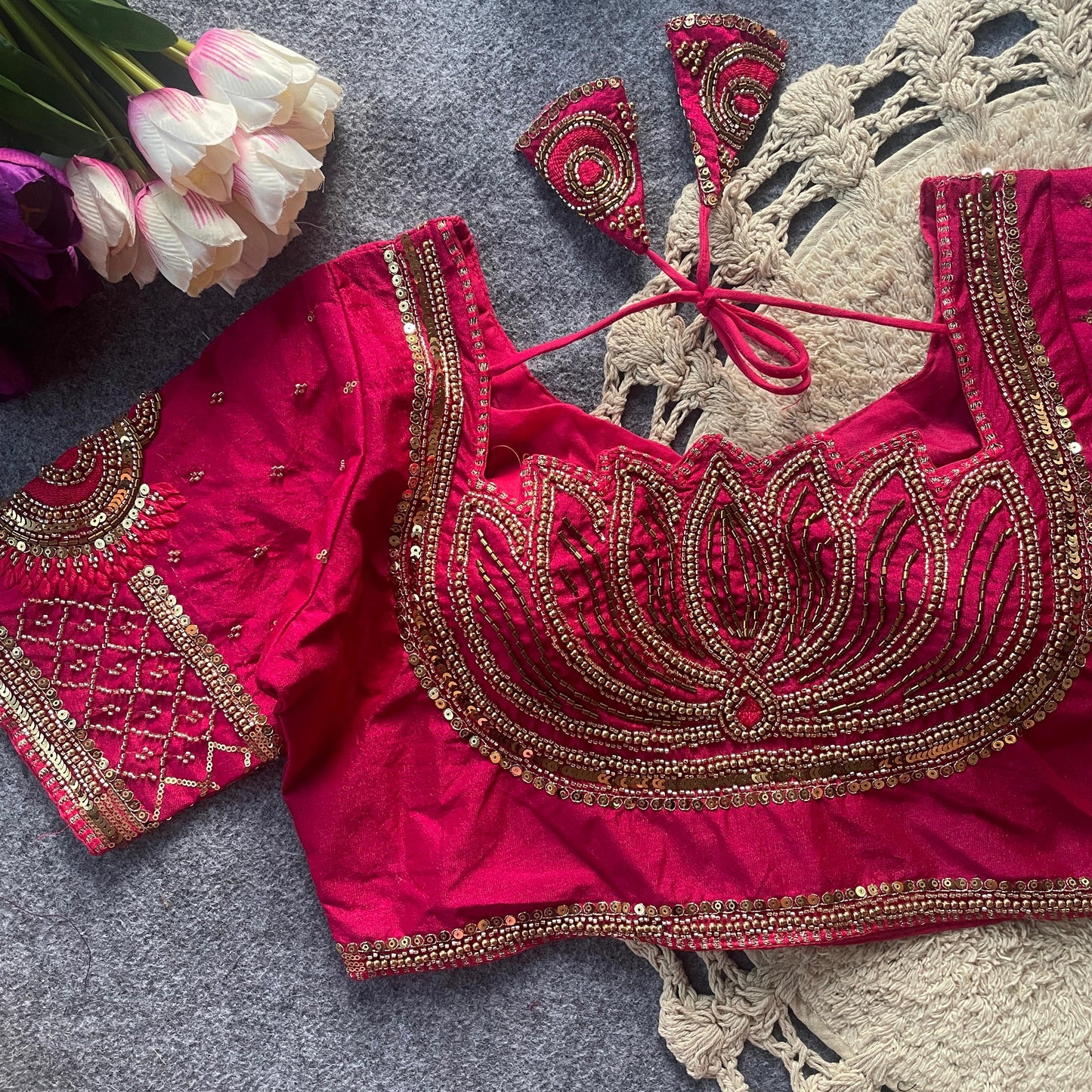 Pink Original bits Heavy Handwork + Sequence & Codding khatli work Blouse