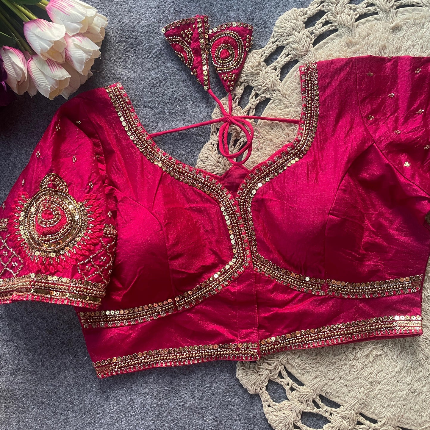 Pink Original bits Heavy Handwork + Sequence & Codding khatli work Blouse