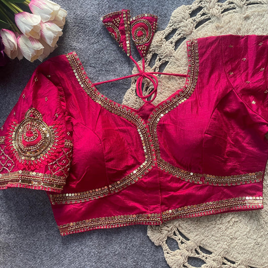 Pink Original bits Heavy Handwork + Sequence & Codding khatli work Blouse