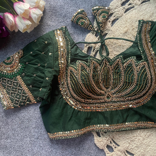 Green Original bits Heavy Handwork + Sequence & Codding khatli work Blouse