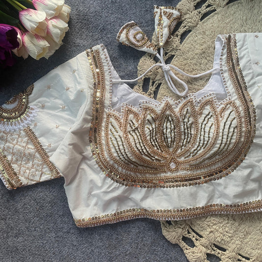 White Original bits Heavy Handwork + Sequence & Codding khatli work Blouse