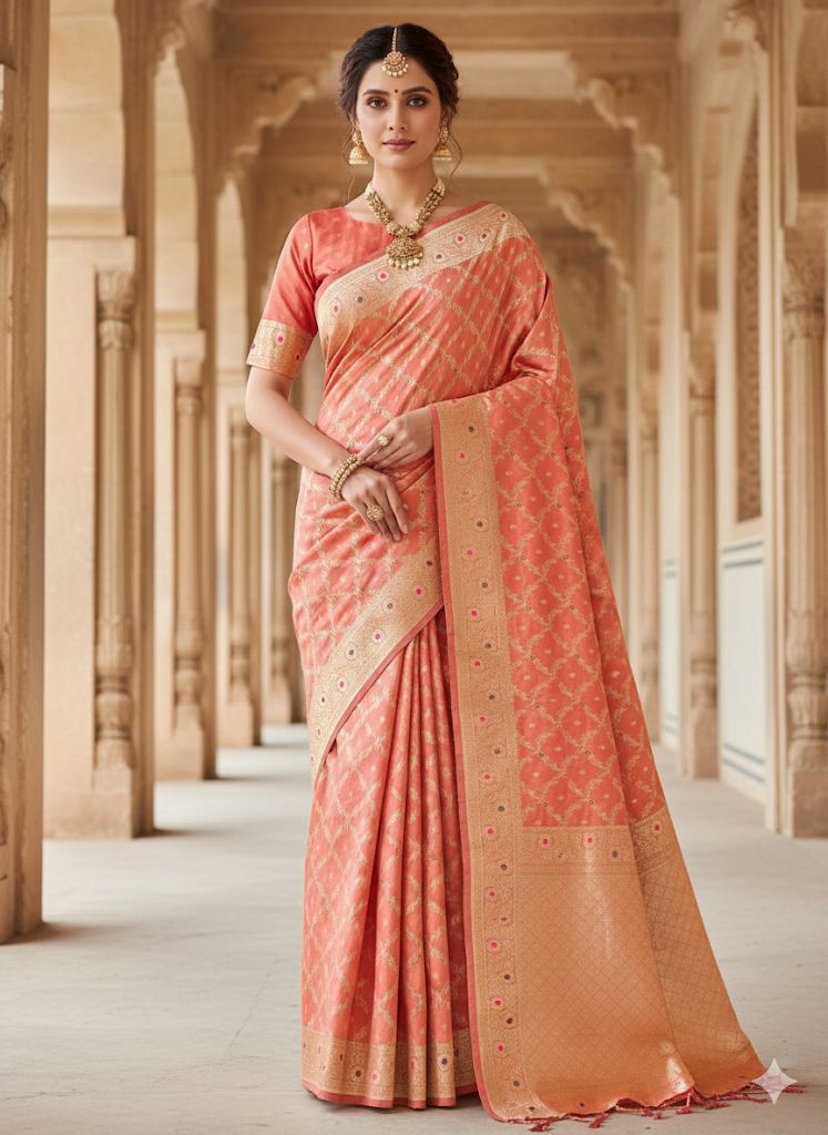 Elegant Peach Banarasi Silk Saree for Wedding & Festive Wear