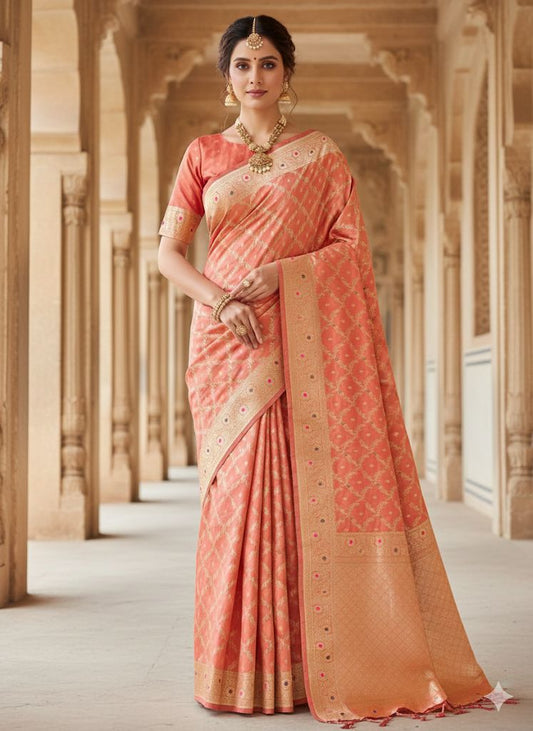Elegant Peach Banarasi Silk Saree for Wedding & Festive Wear