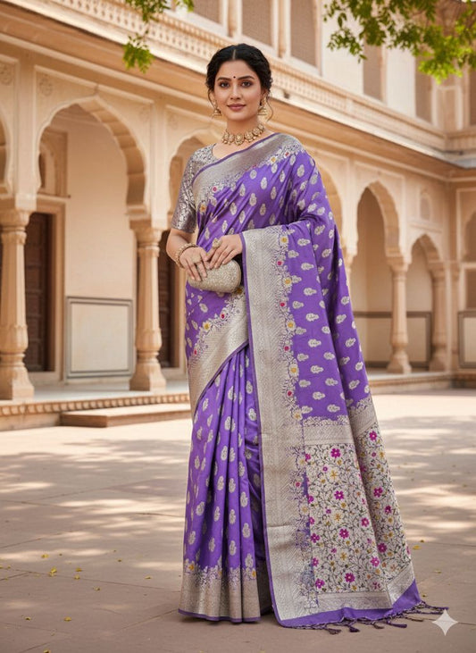 Royal Purple Banarasi Silk Saree with Gold Zari Floral Jaal
