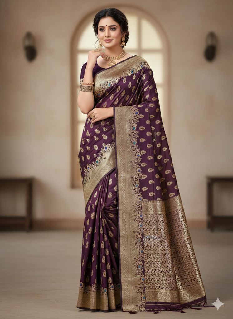 Rose Gold Banarasi Silk Saree with Multicolored Meenakari Butti