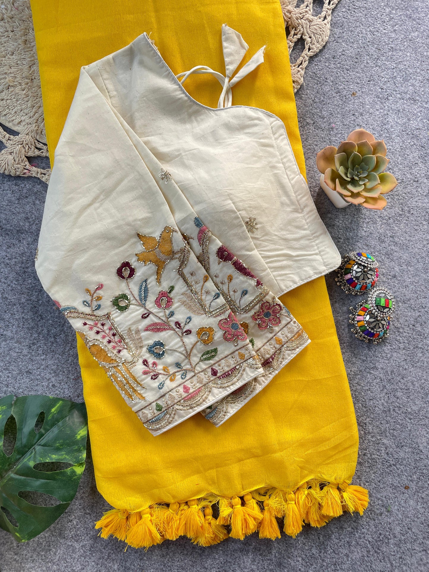 Pure Khadi Cotton Yellow Saree With Designer Blouse