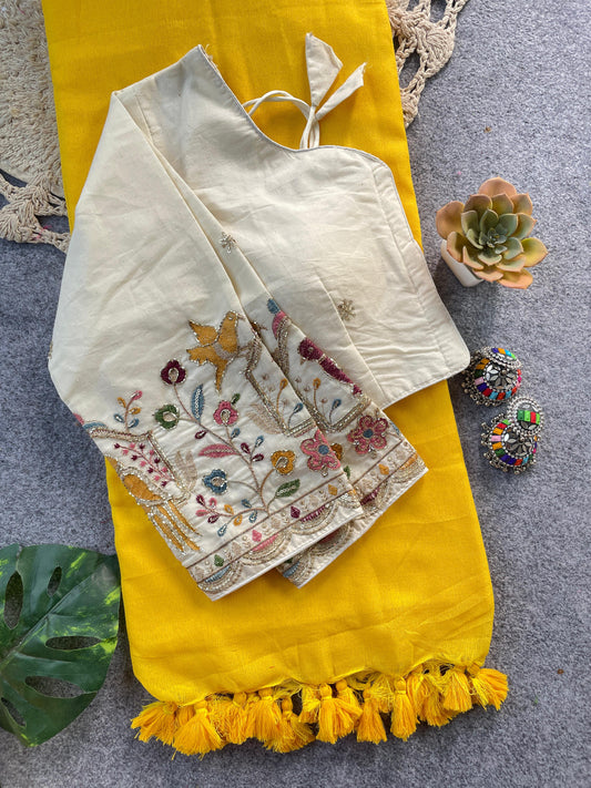 Pure Khadi Cotton Yellow Saree With Designer Blouse