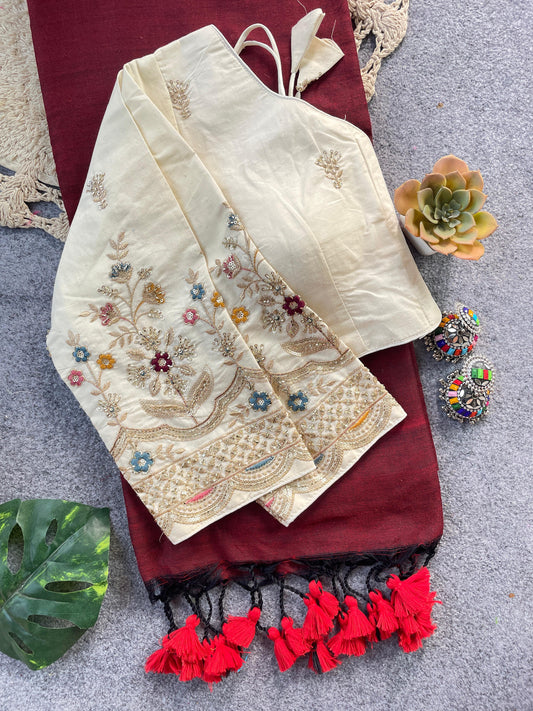 Pure Khadi Cotton Maroon Saree With Designer Blouse